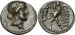 Jules César, AR denier, 47-46 av. J.-C. Afrique. Droit : Tête diad. de Vénus à droite. Revers : Enée avançant à gauche, tenant le palladium de la droite et portant Anchise sur l'épaule gauche. A droit