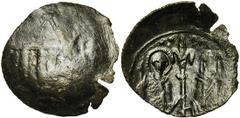 Andronic III Paléologue (1328-1341), AE trachy, Thessalonique. Classe XIX. Droit : Monogramme paléologue. Revers : Saint Demetrius et l'empereur debout de face, tenant entre eux un sceptre orné d'un l