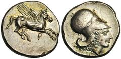 CORINTHE, AR statère, 400-380 av. J.-C. Droit : Pégase en vol à droite. Dessous, [..]. Revers : Tête casquée d'Athéna à droite. Pas de symbole. Ref.: Ravel, 475. 8,53g. Deux petites griffes au revers.