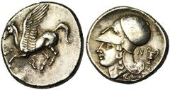 CORINTHE, AR statère, 386-307 av. J.-C. Droit : Pégase en vol à gauche. Dessous, [..]. Revers : Tête casquée d'Athéna à gauche. Derrière, N et canthare. Ref.: Ravel, 1061. 8,48g. Coup sur le bord à 8h
