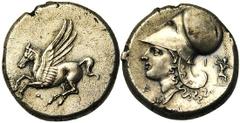 CORINTHE, AR statère, 386-307 av. J.-C. Droit : Pégase en vol à gauche. Dessous, [..]. Revers : Tête casquée d'Athéna à gauche, entourée de Δ-I. A droite, Jupiter assis à droite, brandissant le foudre