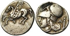 CORINTHE, AR statère, 386-307 av. J.-C. Droit : Pégase en vol à gauche. Dessous, [..]. Revers : Tête casquée d'Athéna à gauche. A droite, [..] et Hermès tourné à gauche. Ref.: Ravel, 1102. 7,93g.