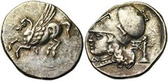 CORINTHE, AR statère, 386-307 av. J.-C. Droit : Pégase en vol à gauche. Dessous, [..]. Revers : Tête casquée d'Athéna à gauche. A droite, [..] et Hermès ithyphallique tourné à gauche. Ref.: Ravel, 110