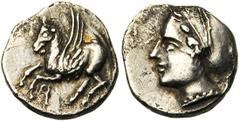 CORINTHE, AR drachme, vers 350 av. J.-C. Droit : Pégase en vol à gauche. Dessous, [..]. Revers : Tête de la nymphe Peiréné à gauche, les cheveux retenus dans un sakkos. Monogramme hors flan. Ref.: SNG