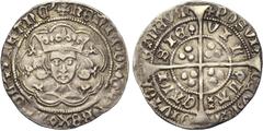 MEDIEVAL TIMES GRANDE-BRETAGNE, Henri VI, 1er règne (1422-1461), AR groat, 1430-1434, Calais. Pinecone-mascle issue. D/ T. cour. de f. dans un polylobe. R/ VIL-LA- CALI-SIE (pomme de pin) Croix patt