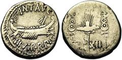 Ancient Coins Marc Antoine , AR denier, 32-31 av. J.-C. atelier itinérant. Droit : ANT AVG III VIR R P C Galère à droite. Revers : LEG XII Aigle légionnaire entre deux étendards. Ref.: Cr., 544/26; Sy