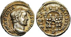 Ancient Coins MAXIMIEN GALERE César (293-305), AR argenteus, 295-297, Trèves. Droit : MAXIMIA-NVS NOB C Tête l. à droite. Revers : VIRTVS MILITVM/ D Les tétrarques sacrifiant devant une enceinte à six