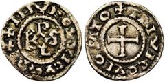Medieval Coins CAROLINGIENS, Louis II le Bègue (877-879), AR denier, Visé. Droit : + HLVDOVVICVS REX Monogramme carolin. Revers : + IN VICO VIOSΛTO Croix. Ref.: M.G., 1227; Prou, 93; Frère, 53. 0,97g.