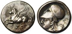 Greek Coins CORINTHE, AR statère, 386-307 av. J.-C. Droit : Pégase en vol à gauche. Dessous, [..]. Revers : Tête casquée d'Athéna à gauche. Sous le menton, [A]. Derrière la nuque, une couronne. Ref.: 