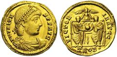 Roman Coins VALENS (364-375), AV solidus, 367-375, Trèves. Droit : DN VALENS PF AVG B. diad., drapé, cuirassé à droite. Diadème à perles. Revers : VICTOR-IA AVGG/ TROB· Deux empereurs trônant de face,