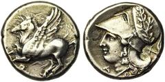 Greek CORINTHE, AR statère, 386-307 av. J.-C. Droit : Pégase en vol à gauche. Dessous, [..]. Revers : Tête casquée d'Athéna à gauche, le casque orné d'une couronne de laurier formée d'une branche cent