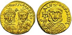 Byzantine Constantin V Copronyme (741-775), AV solidus, 751-757, Constantinople. Droit : B. de face de Constantin V et Léon IV, vêtus de la chlamyde. Entre leurs tête, une croix. Revers : G- LE-ON PAM