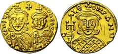 Byzantine Constantin V Copronyme (741-775), AV solidus, 751-757, Constantinople. Droit : B. de face de Constantin V et Léon IV, vêtus de la chlamyde. Entre leurs tête, une croix. Revers : G- LE-ON PAM