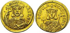 Byzantine Michel Ier Rhangabé et Théophylacte (811-813), AV solidus, Constantinople. Droit : MIXA-HL bASIL[..]' B. cour. de face, vêtu de la chlamyde, tenant une croix potencée et l'akakia. A gauche, 