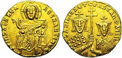 Byzantine Basile Ier le Macédonien et Constantin (868-879), AV solidus, Constantinople. Droit : Le Christ trônant de face. En fin de légende, une étoile à six rayons. Revers : B. de face de Basile et 