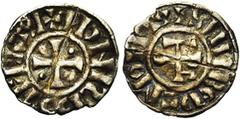 Medieval FRANCE, JUMIEGES, Abbaye Saint-Philibert, AR denier, Au nom du roi Lothaire (954-986). Droit : Légende rétrograde + LOTΛRI REGIS INSIGNE (GNE liés) Croix cantonnée de quatre globules. Revers 