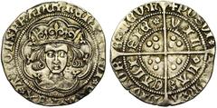 Medieval GRANDE-BRETAGNE, Henri VI, 1er règne (1422-1461), AR groat, 1427-1430, Calais. Rosette-mascle issue. Droit : B. cour. de face dans un polylobe. Revers : VIL-[..]LA[..]- CALI-SIE (rosette) Cro