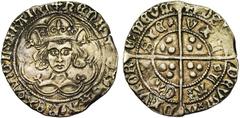 Medieval GRANDE-BRETAGNE, Henri VI, 1er règne (1422-1461), AR groat, 1430-1434, Calais. Pinecone-mascle issue. Droit : Tête cour. de face dans un polylobe. Revers : VIL-[..]LA[..]- CALI-SIE (pomme de 