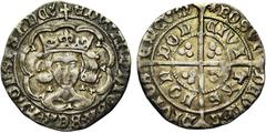 Medieval GRANDE-BRETAGNE, Edouard IV, 1er règne (1461-1470), AR groat, 1469-1470, Londres. Monnayage léger. Différents: croix fichée/soleil. Droit : Tête couronnée de face dans un polylobe, entre deux