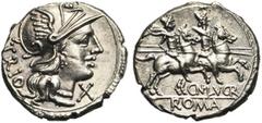 ROMAN REPUBLIC Cn. Lucretius Trio, AR denier, 136 av. J.-C., Rome. D/ TRIO T. casquée de Roma à d. Sous le menton, . R/ CN·LVCR/ ROMA Les Dioscures à cheval à d. Cr. 237/1b; Syd. 450. 3,89g Légèremen