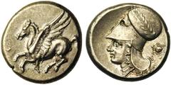 Greek and Celtic Coins CORINTHE, AR statère, 386-307 av. J.-C. Droit : Pégase en vol à gauche. Dessous, [..]. Revers : Tête casquée d'Athéna à gauche, le casque lauré. Derrière, aegis dans une couronn