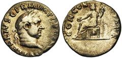 Roman Coins VITELLIUS (69), AR denier, 69, Rome. Droit : A VITELLIVS GERM IMP AVG TR P Tête l. à droite. Revers : CONCOR-DIA P R Concordia assise à gauche, tenant une patère et une corne d'abondance. 