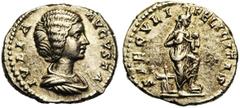 Roman Coins JULIA DOMNA , femme de Septime Sévère , AR denier, 196-211, Rome. Droit : IVLIA AVGVSTA B. drapé à droite. Revers : SAECVLI FELICITAS Isis debout à droite, tenant. Harpocrate, le pied droi