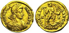 Roman Coins HONORIUS (393-423), AV solidus, 402-423, Ravenne. Droit : DN HONORI-VS PF AVG B. diad., drapé, cuirassé à droite. Revers : VICTORI-A AVGGG/ R-V/ COMOB L'empereur debout à droite, tenant un