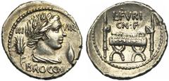 Roman Republic L. Furius Brocchus, AR denier, 63 av. J.-C., Rome. D/ III-VIR/ BROCCHI T. de Cérès à d., cour. d'épis de blé. Dans le champ, épi et grain d'orge. R/ L·FVRI/ CN·F Chaise curule entre deu