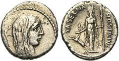 Roman Republic L. Hostilius Saserna, ar denier, 48 av. J.-C., Rome. D/ T. de femme à d. Derrière, carnyx. R/ L·HOSTILIVS- SASERNA Artémis deb. de f., ten. une lance et posant la main d. sur la t. d'un