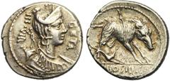 ROMAN REPUBLIC C. Hosidius Geta, AR denier, 68 av. J.-C., Rome. D/ B. de Diane à d., avec arc et carquois sur l'épaule. Devant, GETA. Derrière, III·VIR. R/ C HOSIDI C F Sanglier à d., transpercé par u