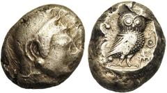 GREEK WORLD ATTIQUE, ATHENES, AR tétradrachme, 500-480 av. J.-C. D/ T. casquée d''Athéna à d. R/ Chouette à d., t. de f. A g., rameau d''olivier. A d., AΘE. Le tout dans un carré creux. Svoronos, Athè