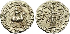 GREEK WORLD ROYAUME INDO-SCYTHE, Azès (-57-5), AR tétradrachme. D/ Le roi chevauchant à d., ten. un fouet. Devant, . R/ Athéna deb. à d., ten. une lance transversale. Derrière, . Devant, . Senior, 