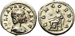 Coll. A. ZOBEL - ROMAN EMPIRE JULIA PAULA, première femme d''Elagabal, AR denier, 219-220, Antioche. D/ IVLIA PAVLA AVG B. dr. à d. R/ CONCORDIA Concordia assise à g., ten. une patère, le bras g. appu