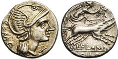 ROMAN REPUBLIC L. Flaminius Chilo, AR denier, 109 ou 108 av. J.-C., Rome. D/ ROMA T. casquée de Roma à d. Sous le menton, . R/ L·FLAMINI/ CILO Victoire conduisant un bige à d., ten. les rênes et une 