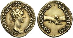 ROMAN COINS COLLECTION : Nerva - Crispine NERVA (96-98), AR denier, 96, Rome. D/ IMP NERVA CAES AVG- PM TR P COS II PP T. l. à d. R/ CONCORDIA·- EXERCITVVM Deux mains serrées. BMC 1, 6; RIC 2. 3,67g. 