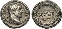 ROMAN COINS COLLECTION : Dioclétien - Basiliscus DIOCLETIEN (284-305), AR argenteus, vers 300, Aquilée. D/ DIOCLETI-ANVS PF AVG T. l. à d. R/ Dans une couronne, XCVI/ AQ. RIC 16a. 3,30g Très rare Cham