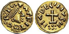 DARK AGES FRISE, AV tremissis, 2e moitié du 7e s. Imitation du tremissis de Madelinus frappé à Dorestad. D/ ΔORESTΛT FIT B. diad. à d., cinq globules sur la poitrine. R/ MΛ•Δ•ELINVS M Croix sur un de