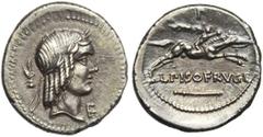 ROMAN REPUBLIC L. Piso Frugi, AR denier, 90 av. J.-C., Rome. D/ T. l. d''Apollon à d. Derrière, casque. Sous le menton, F. R/ Cavalier au galop à d., ten. une palme. Au-dessus, F. En dessous, L· PISO 