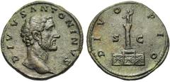 ROMAN EMPIRE ANTONIN le Pieux divinisé, AE sesterce, 164, Rome. Frappé sous Marc Aurèle. D/ DIVVS- ANTONINVS T. à d. R/ DIVO PIO/ S-C Colonne sur une base, surmontée de la statue de l''empereur, ten. 