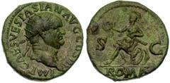 VESPASIEN (69-79), AE dupondius, 71, Lyon. Droit : IMP CAES VESPASIAN AVG COS III Tête radié à droite. Revers : S-C Roma assise à gauche sur une cuirasse, tenant une couronne et le parazonium. Derrièr