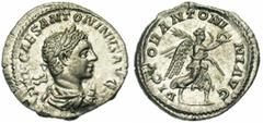 ELAGABAL (218-222), AR denier, 219, Rome. Droit : IMP CAES ANTONINVS AVG B. l., drapé à droite. Revers : VICTOR ANTONINI AVG Victoire marchant à droite, tenant une couronne et une palme. Ref.: BMC 548