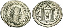 VOLUSIEN Auguste (251-253), AR antoninien, Antioche. Droit : IM C V AF GAL VEND VOLVSIANO AVG B. radié, drapé à droite. Trois points sous le buste. Revers : SAECVLVM NOVVM Temple hexastyle. A l'intéri