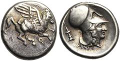 GREEK WORLD CORINTHE, AR statère, 400-350 av. J.-C. D/ Pégase bridé en vol à d., la bride libre passant entre l''aile et la tête. Dessous, . R/ T. casquée d''Athéna à d. Derrière la t., thymiaterion.