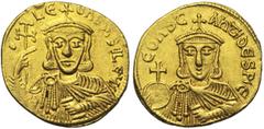 BYZANTIUM Léon V l''Arménien et Constantin (813-820), AV solidus, Constantinople. D/ B. de Léon V de f., vêtu de la chlamyde, ten. une croix potencée et l''akakia. A g., un globule. R/ B. de Constanti