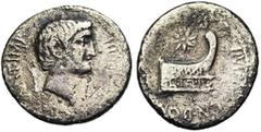 ROMAN REPUBLIC Marc Antoine (†30), AR denier, 40 av. J.-C., atelier itinérant. D/ ANT IMP III VIR R P C T. à d. Derrière, lituus. R/ C N DOMIT AHENOBARBVS IMP Proue à d. Au-dessus, une étoile. Cr. 521
