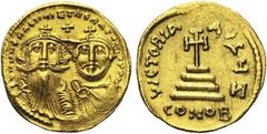 BYZANTIUM (part I) Héraclius (610-641), AV solidus, 629-632, Constantinople. Off. . D/ B. d''Héraclius, portant la barbe et les moustaches longues, et d''Héraclius Constantin de f. Entre leurs t., un