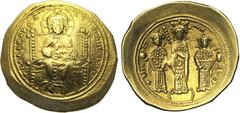 BYZANTIUM (part III) Eudocia (1067), AV histamenon, Constantinople. D/ Le Christ trônant de f., bénissant et ten. les Evangiles. R/ Eudocia deb. de f., ten. un sceptre, entre ses fils Michel et Consta