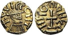 DARK AGES MEROVINGIENS, tremissis d''électrum, vers 660-675, Quentovic. Monétaire Anglus II. D/ + VVICCO FIT B. stylisé à d. R/ ANGLO MONET Croix sur deux degrés. Belfort 4966; Prou 1130 var.; Lafauri