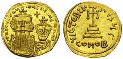 Constant II (641-668), AV solidus, 654-659, Constantinople. Off. Γ. Droit : B. de face de Constant II avec longue barbe et de Constantin IV. Entre leurs tête, une croix. Revers : VICTORIA- AV[..]/ CON